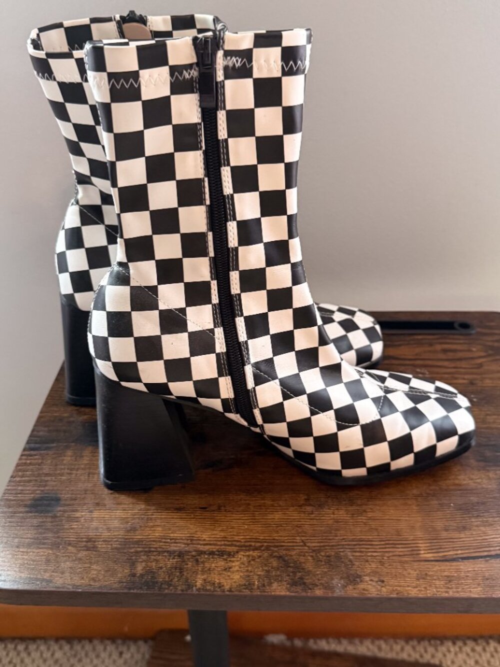 RAID Wide Fit Clever mid heel sock boots in mono checkerboard